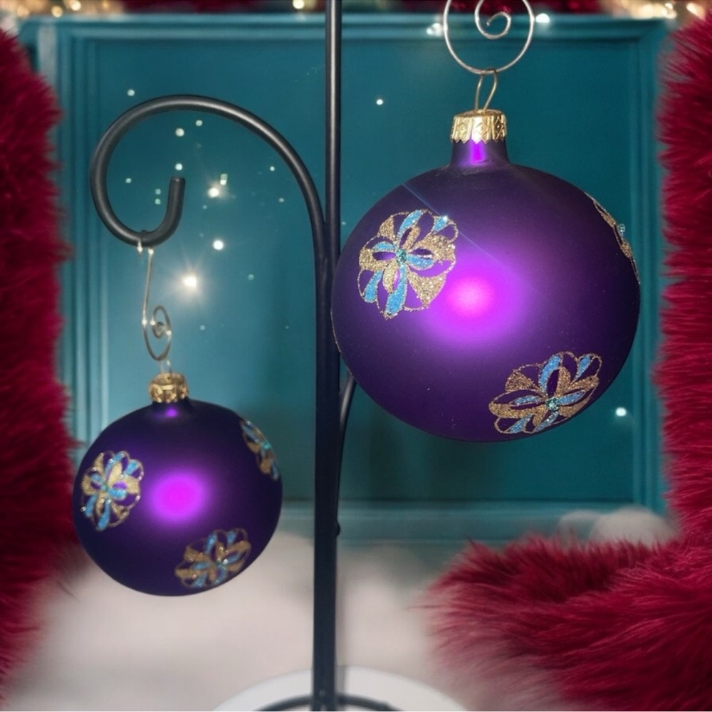 Pier 1 Vintage Purple Glass Ornaments with Gold Glitter Accents Set of Two
